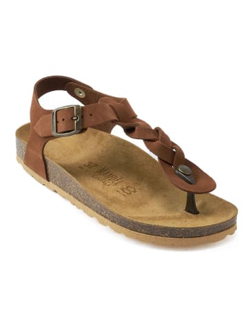 Mandel Leder-Zehensandalen in Hellbraun