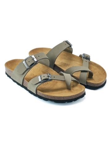 Mandel Leren teenslippers grijs