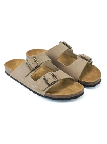 Mandel Leder-Pantoletten in Taupe