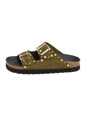 billowy Leder-Pantoletten in Khaki