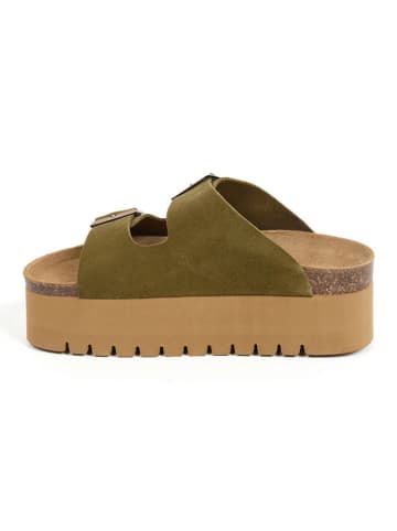 billowy Leder-Pantoletten in Khaki