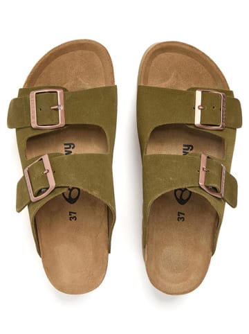 billowy Leder-Pantoletten in Khaki