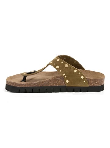 billowy Leder-Zehentrenner in Khaki