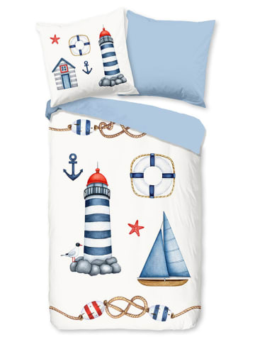 Pure Mikrofaser-Bettwäsche-Set ''Maritime'' in Creme/ Hellblau
