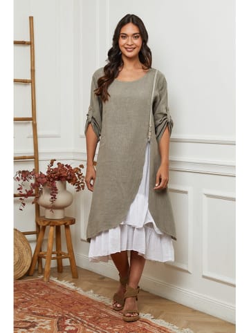 La Compagnie Du Lin Leinen-Kleid in Beige/ Weiß