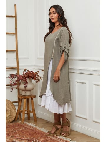 La Compagnie Du Lin Leinen-Kleid in Beige/ Weiß