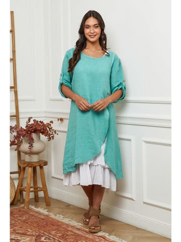 La Compagnie Du Lin Leinen-Kleid "Saxo" in Türkis/ Weiß