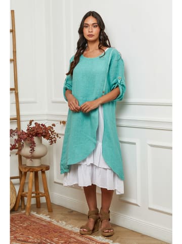 La Compagnie Du Lin Leinen-Kleid "Saxo" in Türkis/ Weiß