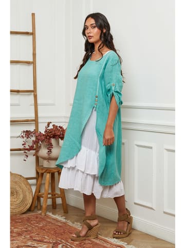 La Compagnie Du Lin Linnen jurk turquoise/wit