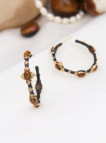 L'Atelier de Gaia Pozłacane kolczyki-półkreole z tygrysim okiem i cyrkoniami