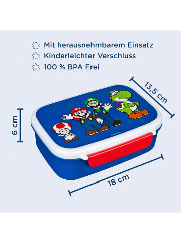 SCOOLI Brotzeitdose "Super Mario" in Blau/ Bunt - (B)18 x (H)6 x (T)13,5 cm