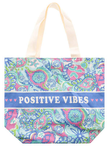 Zwillingsherz Stofftasche "Positive Vibes" in Blau/ Grün/ Hellblau - (B)45 x (H)38 x (T)17 cm