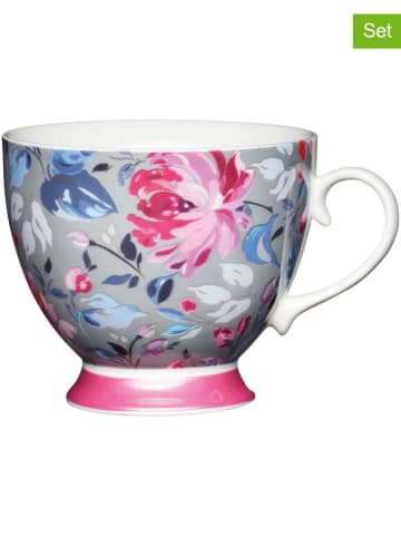 Mikasa 2er-Set: Kaffeetassen "Grey Floral" in Grau/ Rosa/ Blau - 400 ml