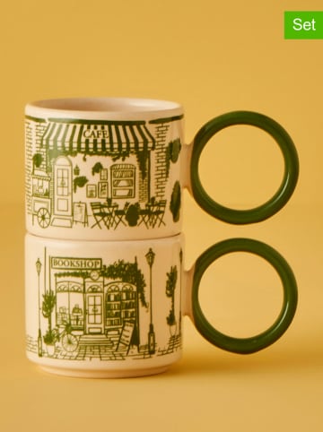 BELLA MAISON 2er-Set: Kaffeetassen in Creme/ Grün - 270 ml