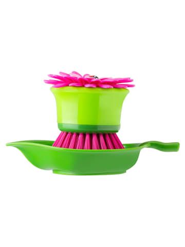 Vigar Szczotka "Flower power" w kolorze zielono-różowym do zmywania - wys. 7,5 cm
