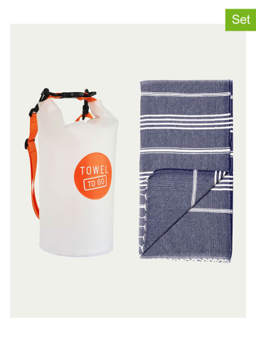 Towel to Go 2tlg. Set: Hamamtuch & Tasche in Dunkelblau/ Weiß/ Orange