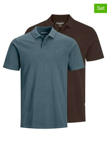 Jack & Jones Koszulki polo (2 szt.) "Jjebasic" w kolorze brązowo-niebieskim