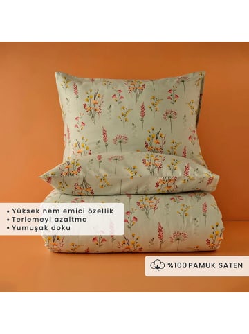 BELLA MAISON 3-delige satijnen beddengoedset "Flores" lichtgroen/lichtroze
