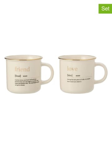 J Line 2-delige set: koppen "Love Friend" wit/goudkleurig - (H)12,5 x Ø 9,5 cm