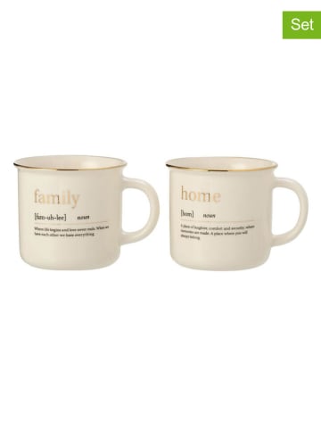 J Line 2-delige set: koppen "Family Home" wit/goudkleurig - (H)12,5 x Ø 9,5 cm