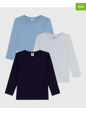 PETIT BATEAU 3-delige set: longsleeves lichtblauw/donkerblauw/blauw