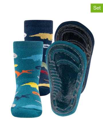 ewers 2-delige set: antislipsokken "Dinos" donkerblauw/turquoise