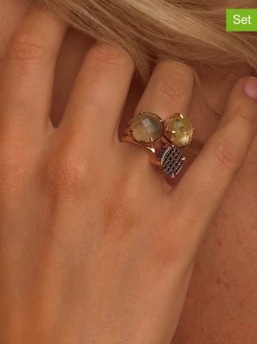 Les Petites Précieuses 3-delige set: rosévergulde ringen met edelstenen