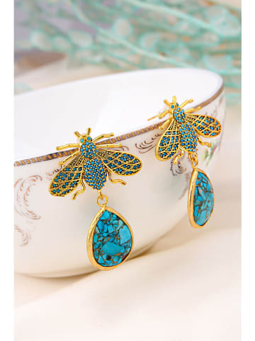 Pierres delicates Pozłacane kolczyki-wkrętki z turkusami i cyrkoniami