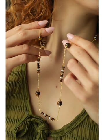 Pierres delicates Pozłacany naszyjnik z tygrysim okiem - dł. 70 cm