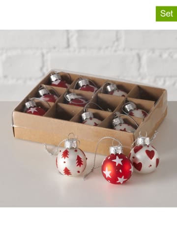 Boltze 12er-Set: Weihnachtskugeln "Nollag" in Weiß/ Rot - (B)3 x (H)4 cm
