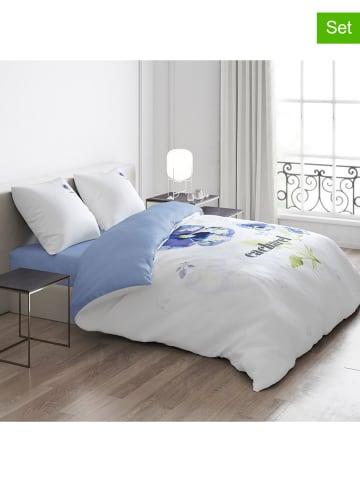 Cacharel textiles 4-delige satijnen beddengoedset "Pansy" wit/blauw