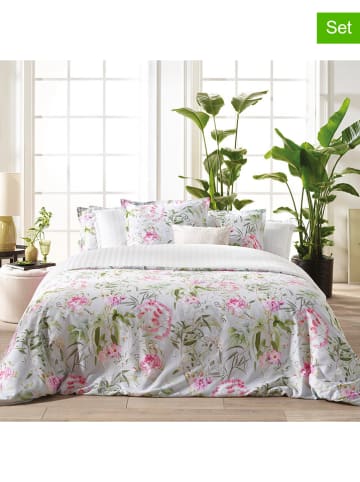 Cacharel textiles 4-delige satijnen beddengoedset "Jardin de Roses" groen/roze/wit