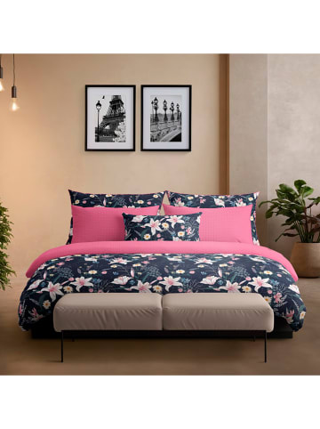 Cacharel Satin-Bettwäsche-Set "Fleur de minuit" in Dunkelblau/ Pink