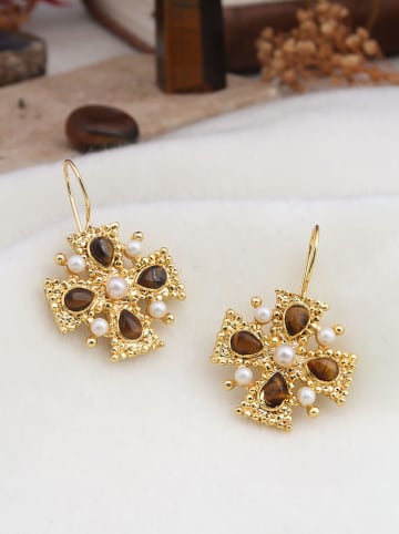 L'Atelier de Gaia Vergulde oorhangers met parels en edelstenen