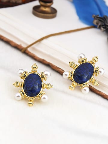 L'Atelier de Gaia Pozłacane kolczyki-wkrętki z lapis lazuli i perłami