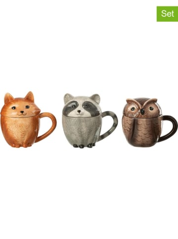 J Line 3er-Set: Tassen "Tiere" in Orange/ Grau/ Braun - (H)14 cm