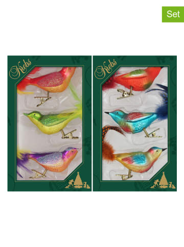 Krebs Glas Lauscha 2-delige set: kerstboomversiering "Fantasie-Glasvogel" meerkleurig - 2x 3 stuks