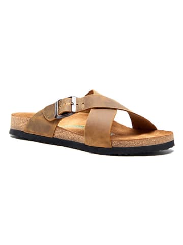 Comfortfusse Leder-Pantoletten in Hellbraun
