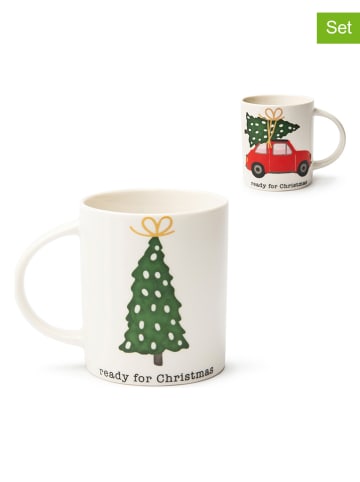 Trendy Kitchen by EXCÉLSA 4er-Set: Tassen "Ready for Christmas" in Weiß/ Grün - 300 ml