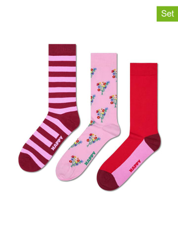 Happy Socks Skarpety (3 pary) "Flower" w kolorze jasnoróżowo-czerwonym