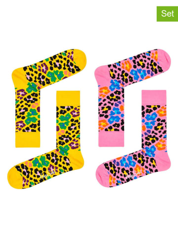 Happy Socks Skarpety (2 pary) "Leopard" w kolorze jasnoróżowo-żółtym