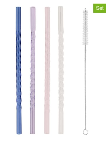 Eulenschnitt 4er-Set: Trinkhalme mit Bürste in Blau/ Rosa/ Weiß - (L)20 cm