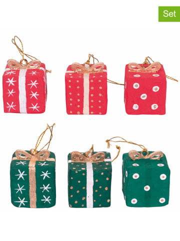 Villa d´Este 6er-Set: Christbaumkugeln ''Gift'' in Rot/ Grün - (L)6 x (B)5 cm