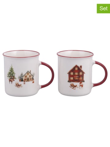 Villa d´Este 2er-Set: Jumbotassen ''Winter Village'' in Weiß/ Rot - 360 ml
