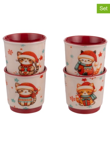 Villa d´Este 4-delige set: koffiebekers "Merry Miao" beige/rood - 100 ml