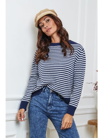 So Cachemire Trui "Dweg" donkerblauw/wit