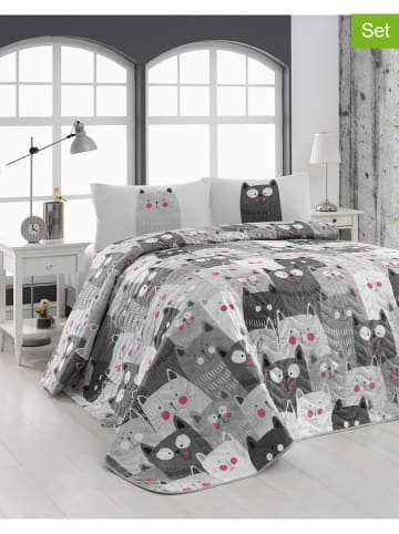 Colorful Cotton 3-delige bedspreiset "Duvarda Kediler" grijs/wit
