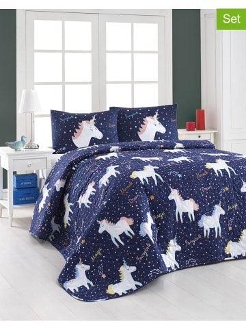 Colorful Cotton 3-delige bedspreiset "Magic Unicorn" donkerblauw/meerkleurig