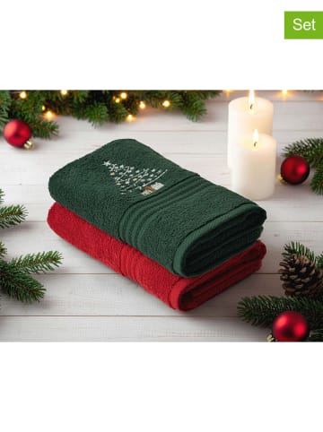 Colourful Cotton 2-delige set: handdoeken rood/groen