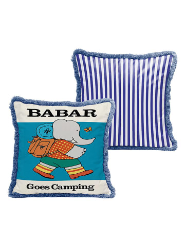 The Wild Hug Poduszka "Babar Camping" w kolorze biało-niebieskim - 45 x 45 cm